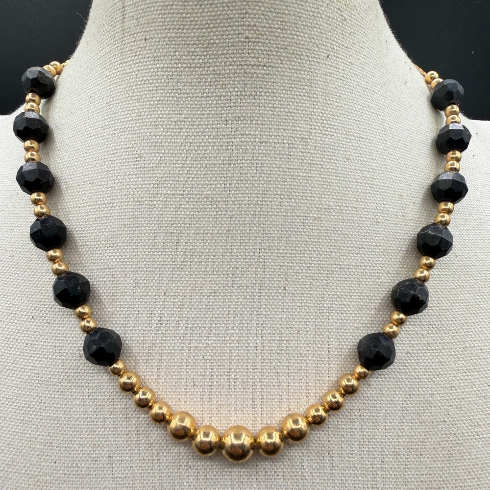 Black Faceted Bead Gold Tone Graduated Necklace Elegant Statement Classic Gift